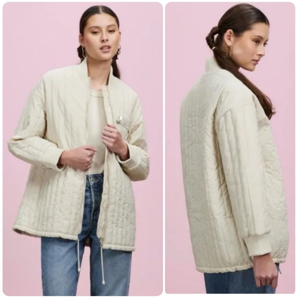Topshop Quilted Oversized Bomber Liner Jacket | Cream | Size 14